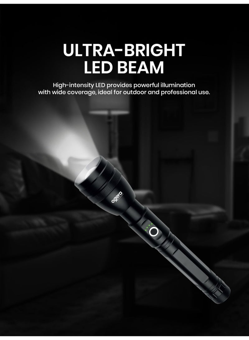 أوجيرا كشاف LED قابل لإعادة الشحن | كشاف تكتيكي فائق السطوع | سطوع عالي | بطارية 3SC طويلة العمر | شعاع قابل للتكبير | مقاوم للماء | مثالي للتخييم والمشي والمنزل وحالات الطوارئ | ضمان سنتين | OG1002SL | أسود - Image 1